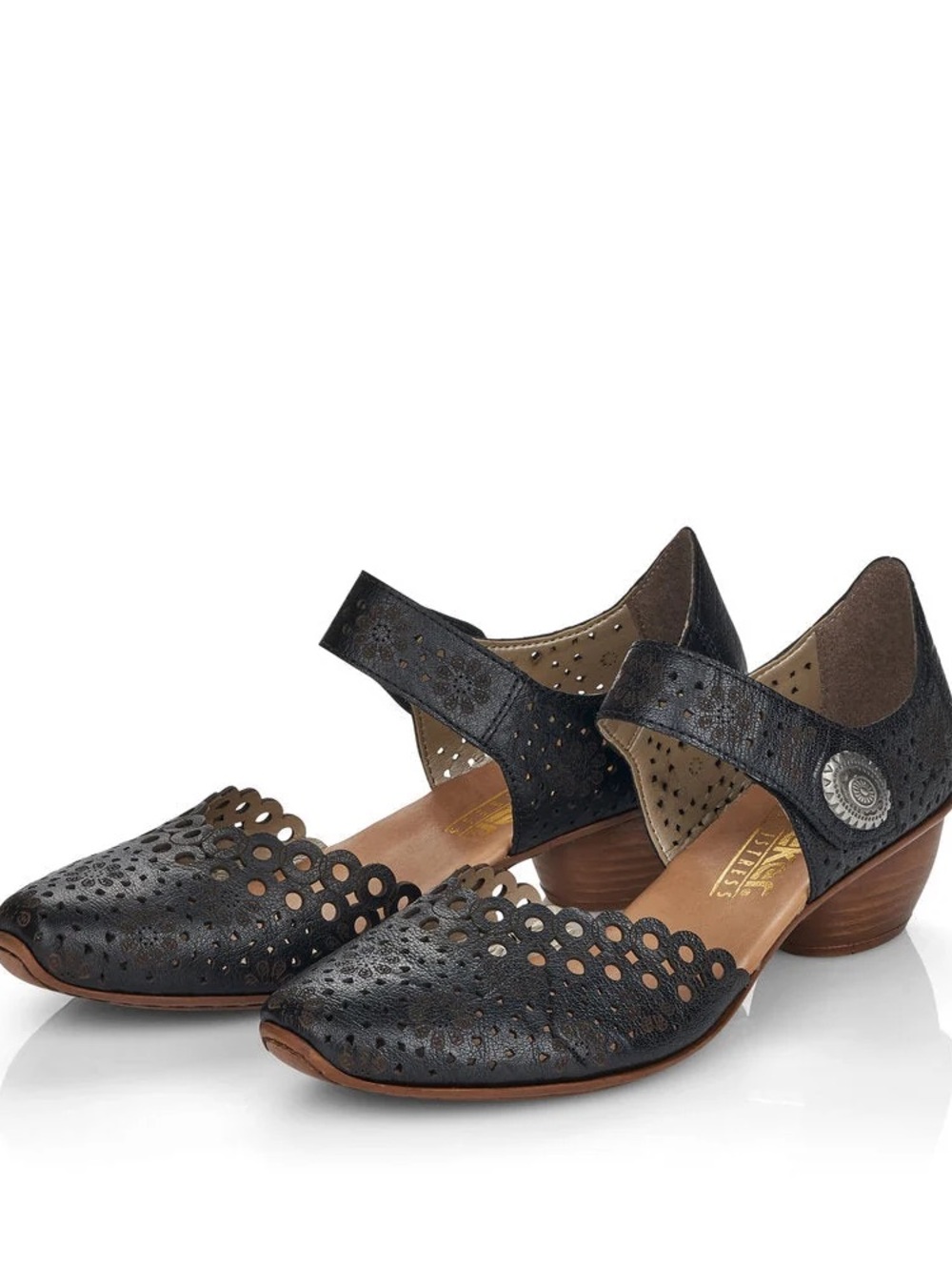 Rieker Black Perforated Mary Jane Heels Size 9.5 US